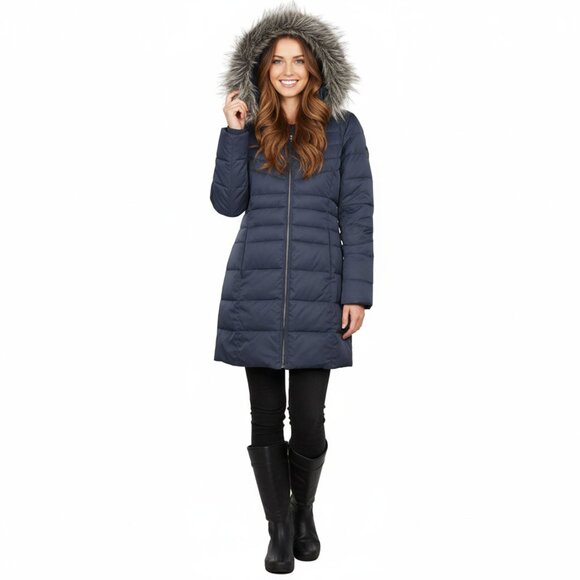London Fog Down Filled Parka Coat Faux Fur Hood Navy Blue Quilted Winter Jacket - Picture 1 of 15